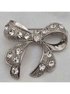 Vintage Silver-Tone Rhinestone Bow Brooch 1.5” x 1.5” Sparkling